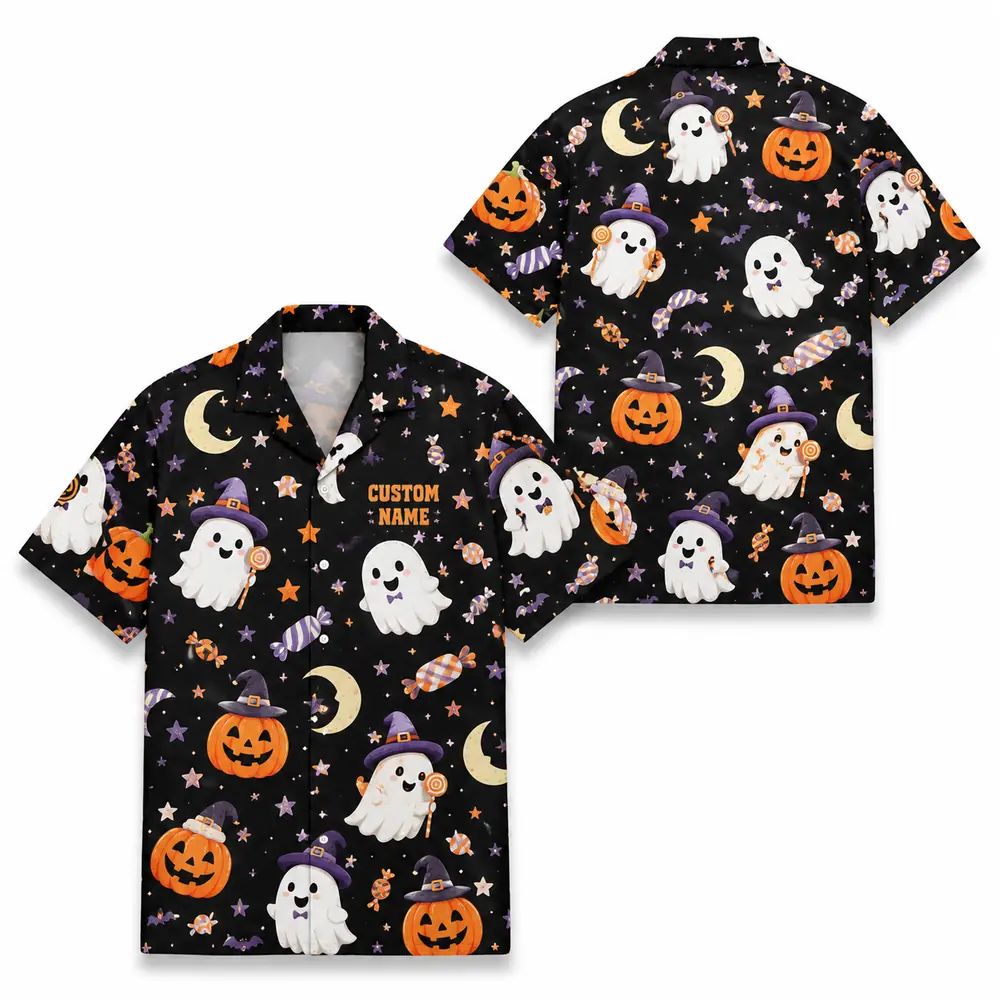 Personalized Halloween Ghost Hawaiian Shirt, Cute Spooky Pumpkin Aloha Shirt, Custom Name Festival Party Shirt For Men And Women - Style 1