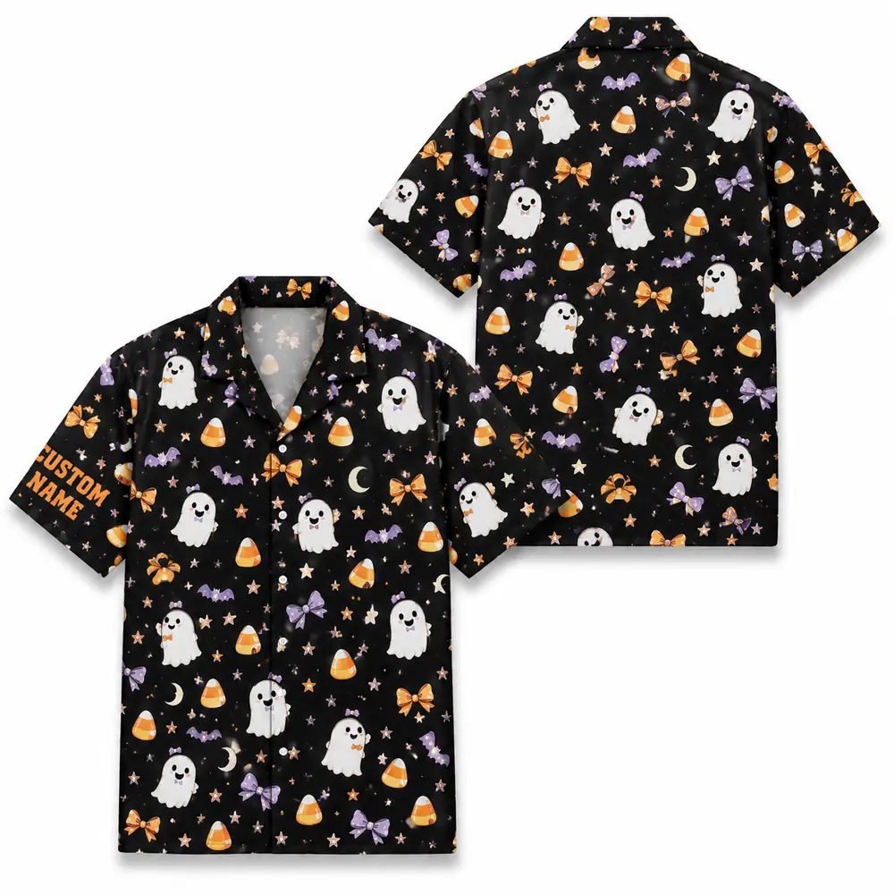 Personalized Halloween Ghost Hawaiian Shirt, Cute Spooky Pumpkin Aloha Shirt, Custom Name Festival Party Shirt For Men And Women - Style 3