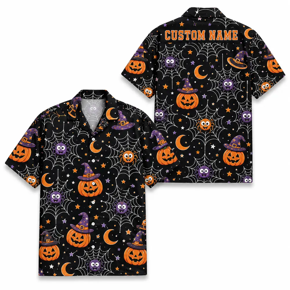 Personalized Halloween Ghost Hawaiian Shirt, Cute Spooky Pumpkin Aloha Shirt, Custom Name Festival Party Shirt For Men And Women - Style 4