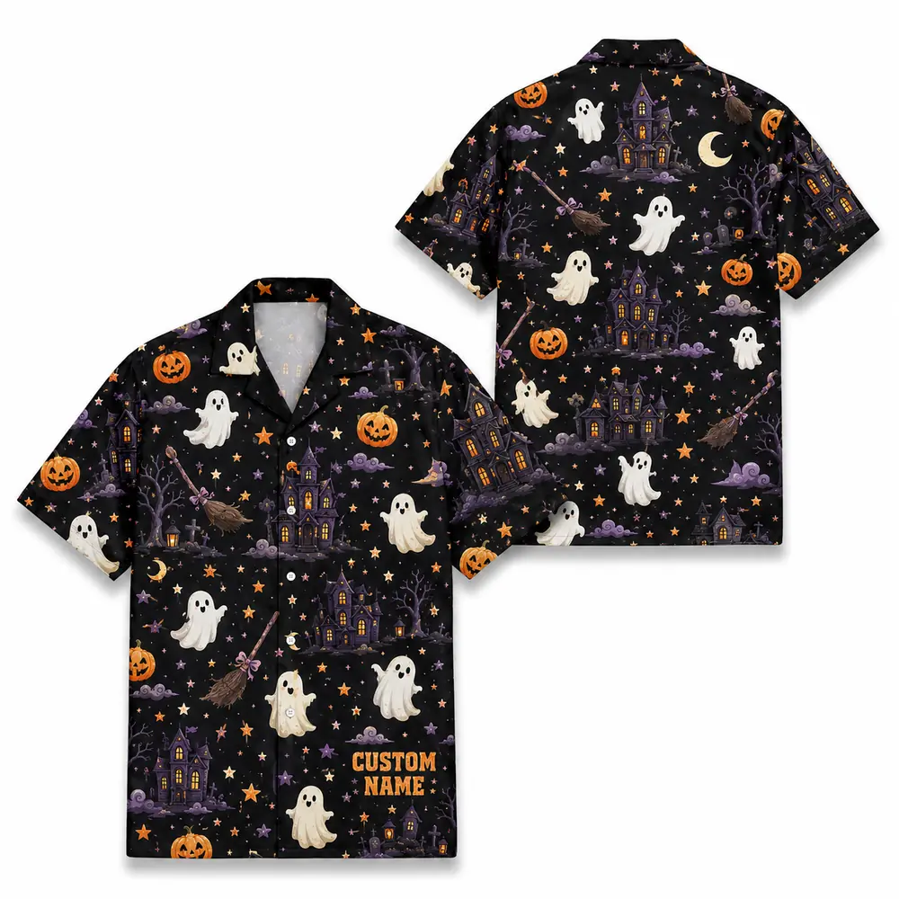 Personalized Halloween Ghost Hawaiian Shirt, Cute Spooky Pumpkin Aloha Shirt, Custom Name Festival Party Shirt For Men And Women - Style 7