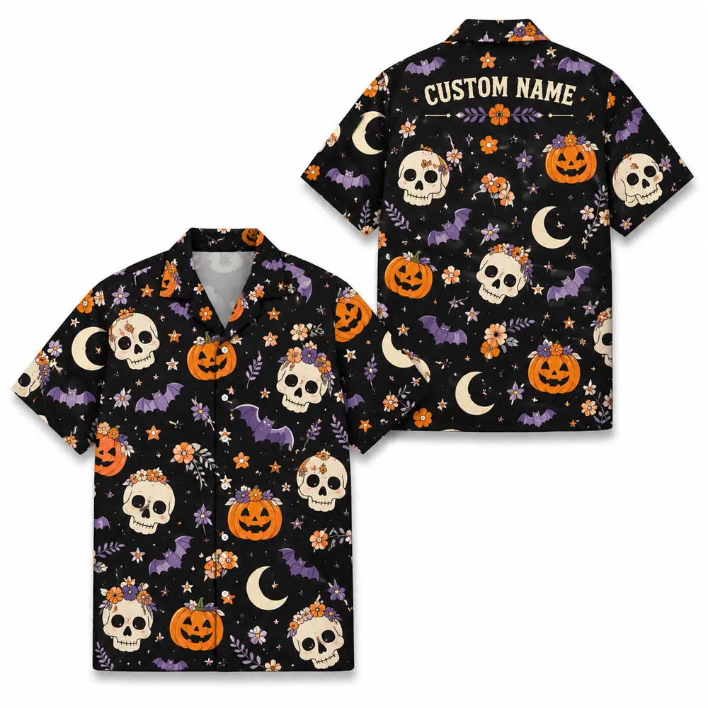 Personalized Halloween Ghost Hawaiian Shirt, Cute Spooky Pumpkin Aloha Shirt, Custom Name Festival Party Shirt For Men And Women - Style 9