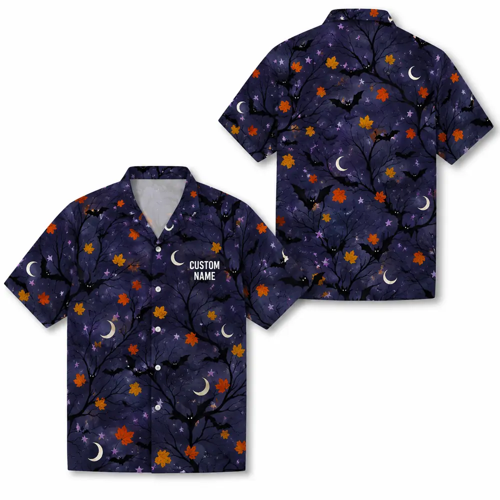 Personalized Halloween Night Hawaiian Shirt, Spooky Moon And Bats Aloha Shirt, Custom Name Festival Party Shirt For Men And Women - Style 1