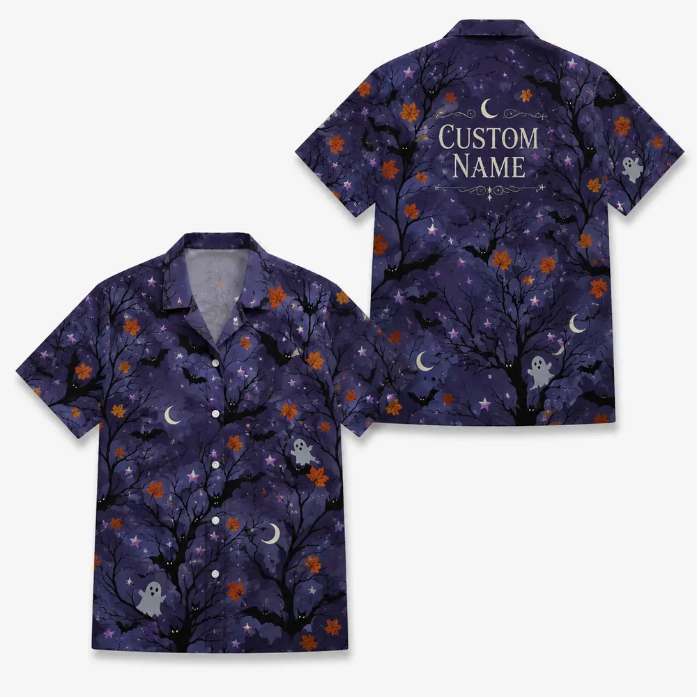 Personalized Halloween Night Hawaiian Shirt, Spooky Moon And Bats Aloha Shirt, Custom Name Festival Party Shirt For Men And Women - Style 10