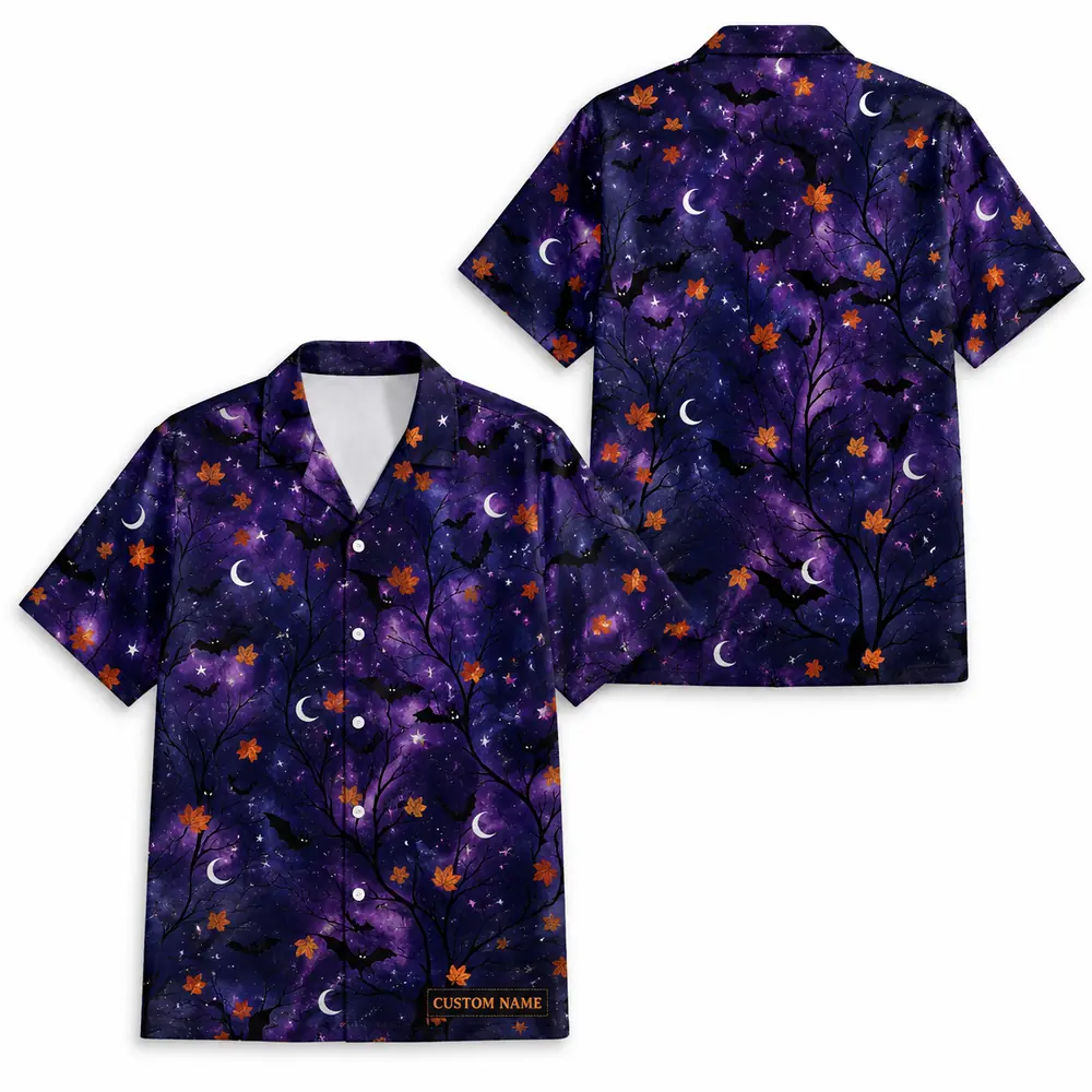 Personalized Halloween Night Hawaiian Shirt, Spooky Moon And Bats Aloha Shirt, Custom Name Festival Party Shirt For Men And Women - Style 2