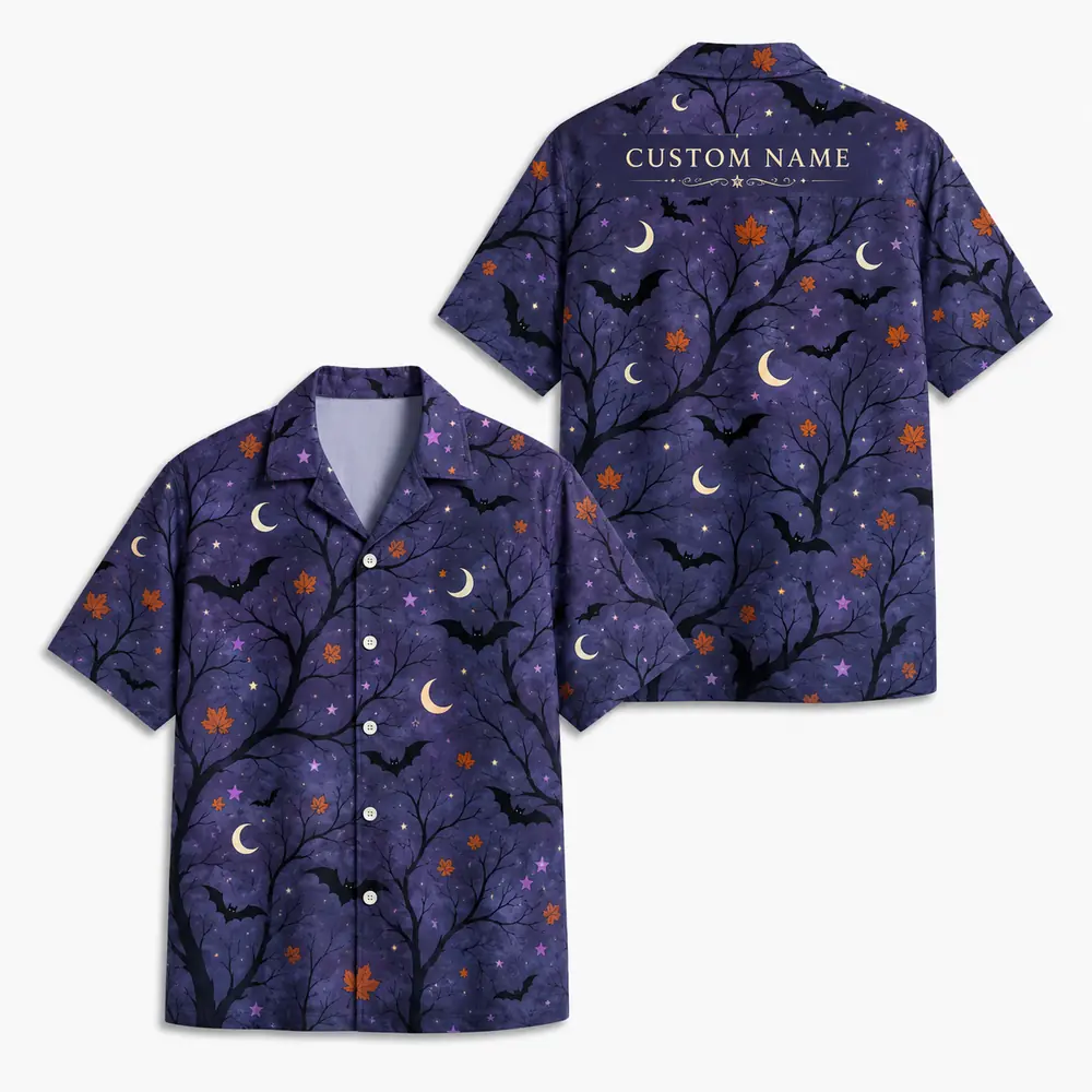 Personalized Halloween Night Hawaiian Shirt, Spooky Moon And Bats Aloha Shirt, Custom Name Festival Party Shirt For Men And Women - Style 3
