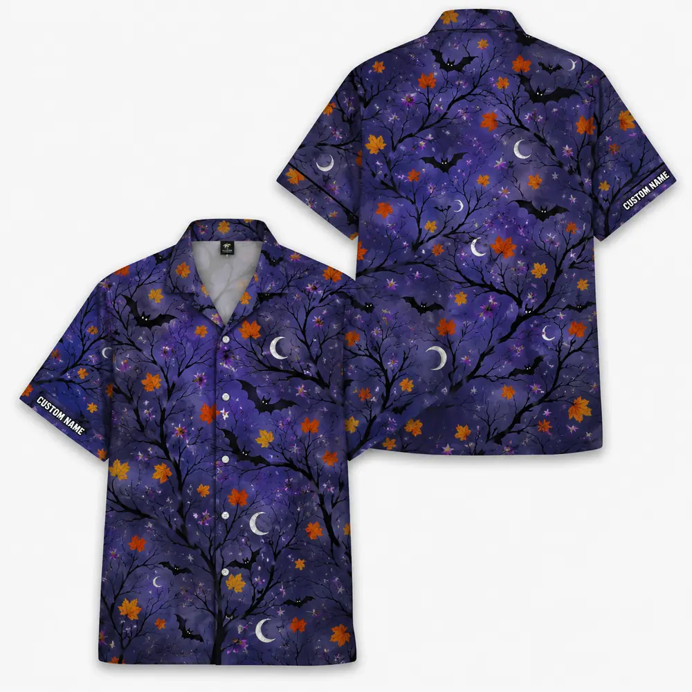 Personalized Halloween Night Hawaiian Shirt, Spooky Moon And Bats Aloha Shirt, Custom Name Festival Party Shirt For Men And Women - Style 4