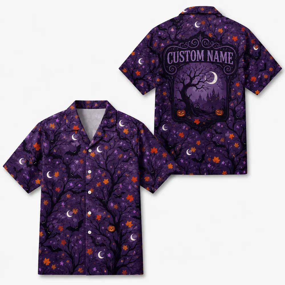 Personalized Halloween Night Hawaiian Shirt, Spooky Moon And Bats Aloha Shirt, Custom Name Festival Party Shirt For Men And Women - Style 5