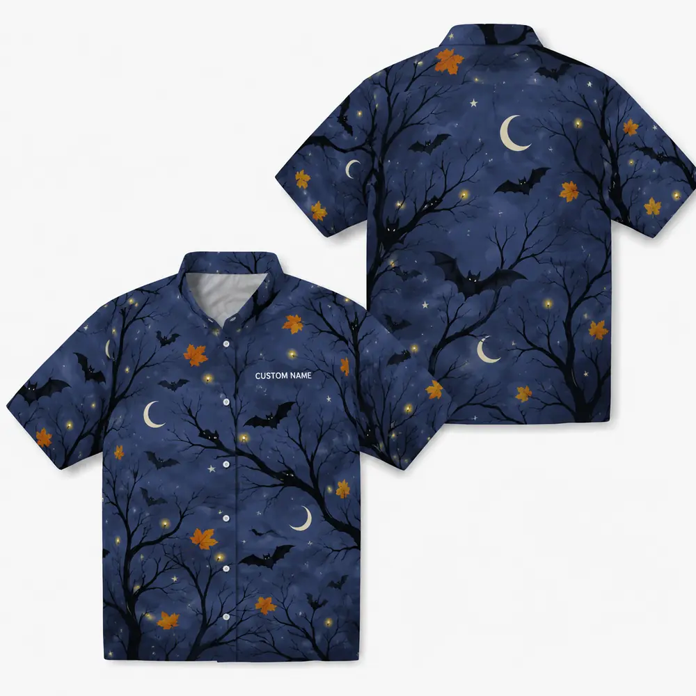 Personalized Halloween Night Hawaiian Shirt, Spooky Moon And Bats Aloha Shirt, Custom Name Festival Party Shirt For Men And Women - Style 6
