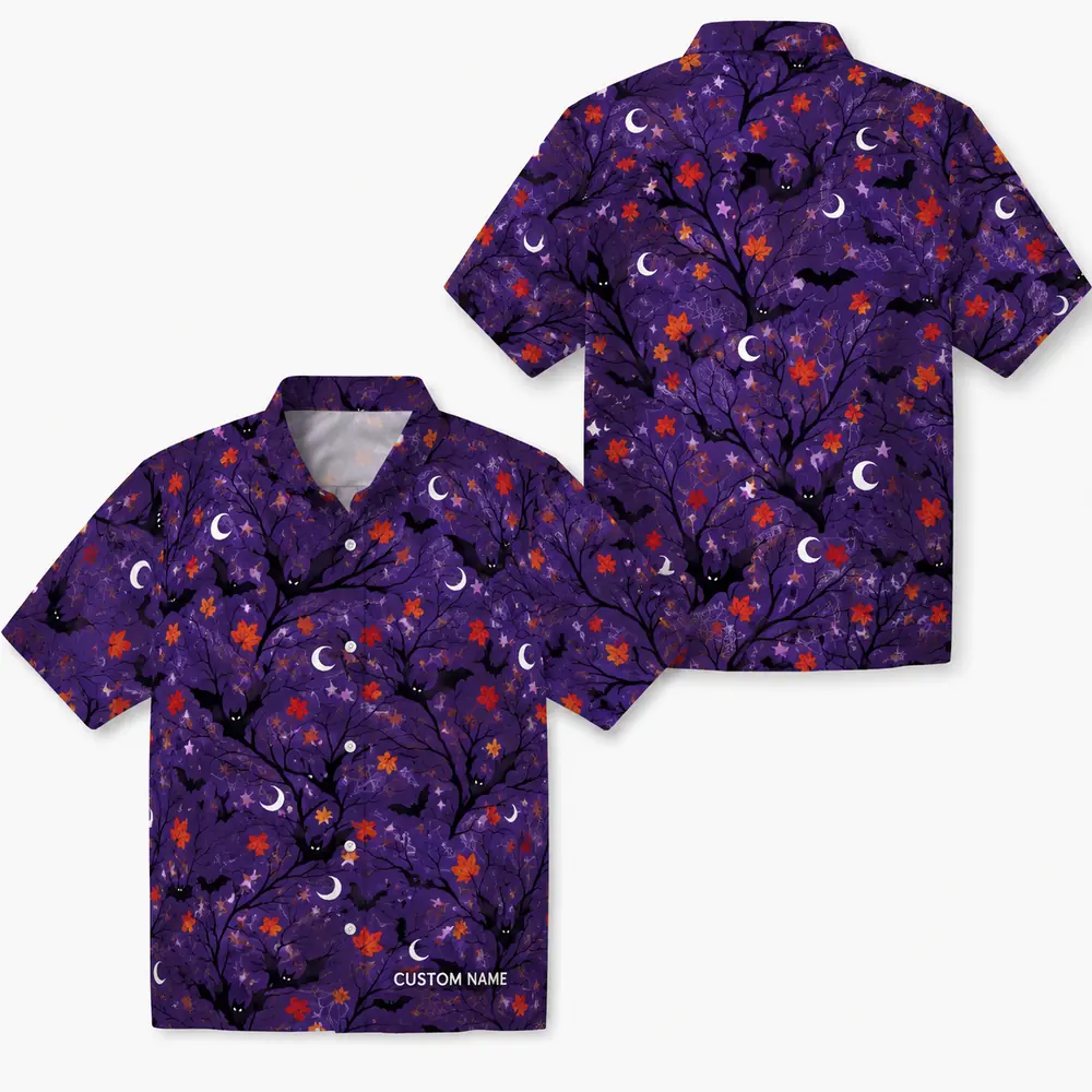 Personalized Halloween Night Hawaiian Shirt, Spooky Moon And Bats Aloha Shirt, Custom Name Festival Party Shirt For Men And Women - Style 7