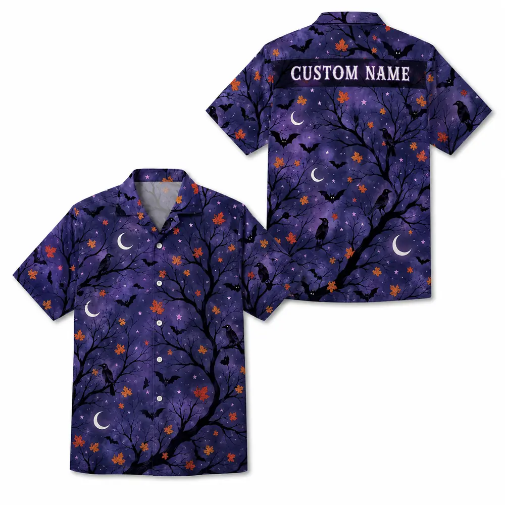 Personalized Halloween Night Hawaiian Shirt, Spooky Moon And Bats Aloha Shirt, Custom Name Festival Party Shirt For Men And Women - Style 8