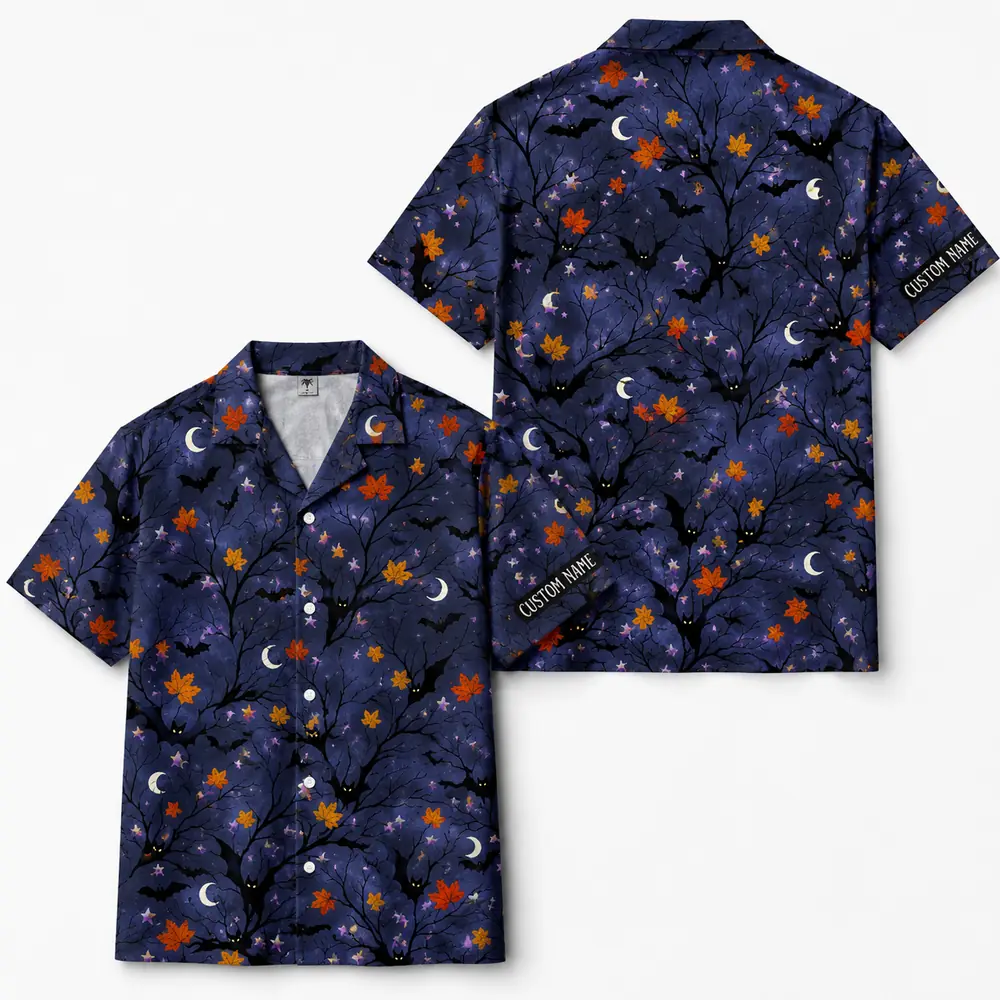 Personalized Halloween Night Hawaiian Shirt, Spooky Moon And Bats Aloha Shirt, Custom Name Festival Party Shirt For Men And Women - Style 9