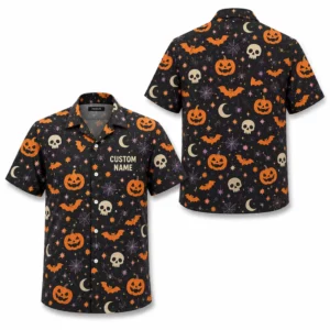 Personalized Halloween Pumpkin Hawaiian Shirt, Spooky Jack-O-Lantern Aloha Shirt, Custom Name Festival Party Shirt For Men And Women - Style 1