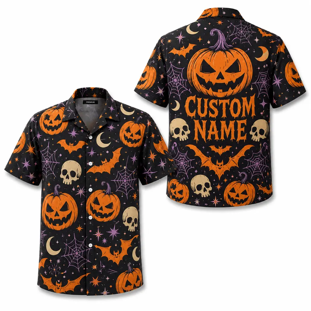 Personalized Halloween Pumpkin Hawaiian Shirt, Spooky Jack-O-Lantern Aloha Shirt, Custom Name Festival Party Shirt For Men And Women - Style 10