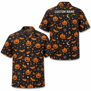 Personalized Halloween Pumpkin Hawaiian Shirt, Spooky Jack-O-Lantern Aloha Shirt, Custom Name Festival Party Shirt For Men And Women - Style 2