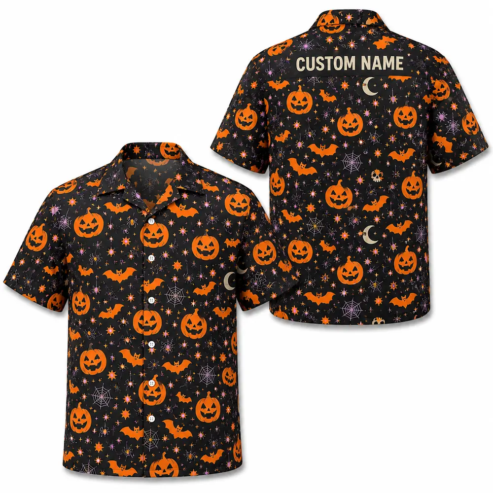 Personalized Halloween Pumpkin Hawaiian Shirt, Spooky Jack-O-Lantern Aloha Shirt, Custom Name Festival Party Shirt For Men And Women - Style 2