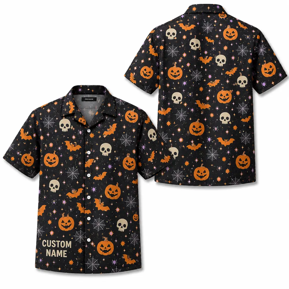Personalized Halloween Pumpkin Hawaiian Shirt, Spooky Jack-O-Lantern Aloha Shirt, Custom Name Festival Party Shirt For Men And Women - Style 3