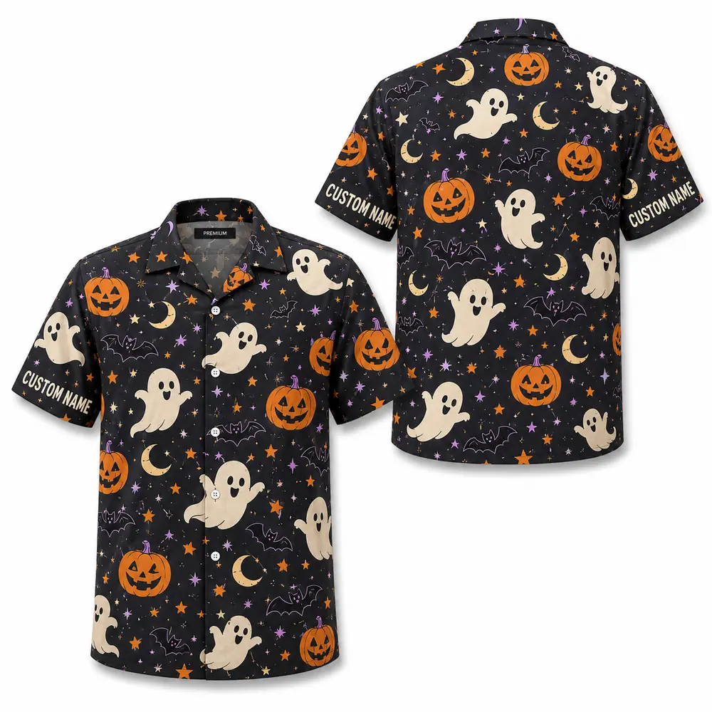 Personalized Halloween Pumpkin Hawaiian Shirt, Spooky Jack-O-Lantern Aloha Shirt, Custom Name Festival Party Shirt For Men And Women - Style 4