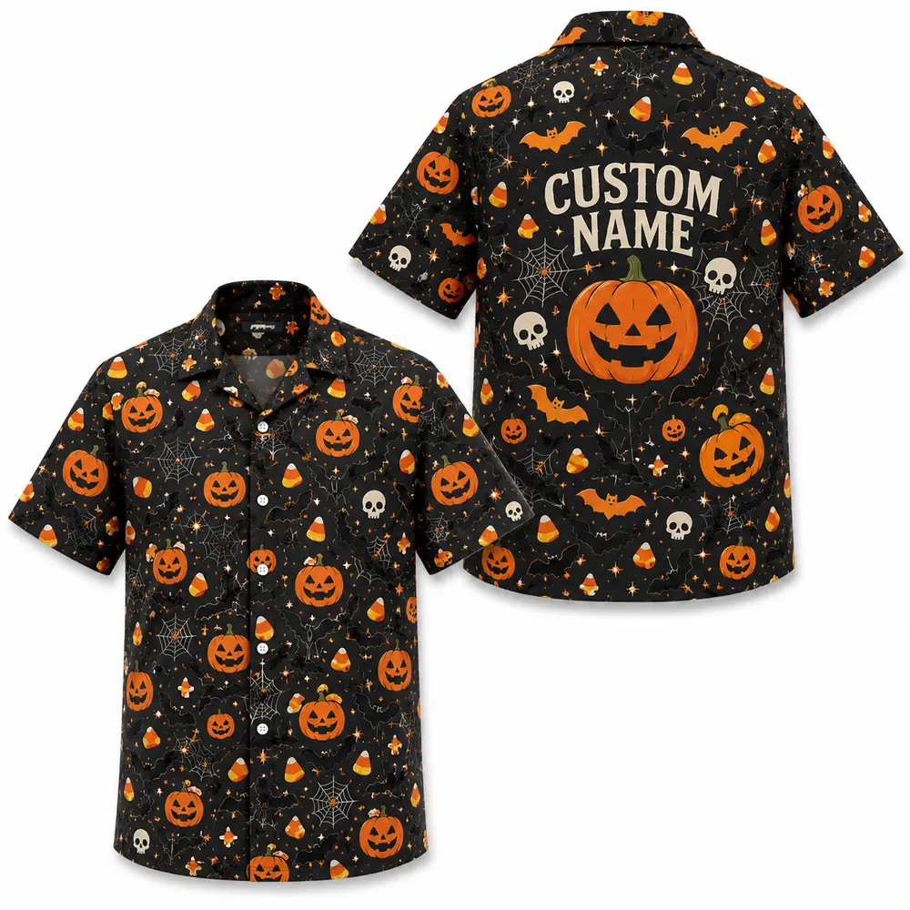 Personalized Halloween Pumpkin Hawaiian Shirt, Spooky Jack-O-Lantern Aloha Shirt, Custom Name Festival Party Shirt For Men And Women - Style 5
