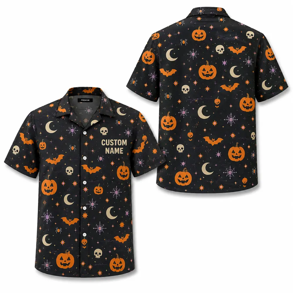 Personalized Halloween Pumpkin Hawaiian Shirt, Spooky Jack-O-Lantern Aloha Shirt, Custom Name Festival Party Shirt For Men And Women - Style 6