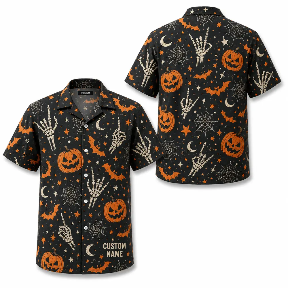 Personalized Halloween Pumpkin Hawaiian Shirt, Spooky Jack-O-Lantern Aloha Shirt, Custom Name Festival Party Shirt For Men And Women - Style 7