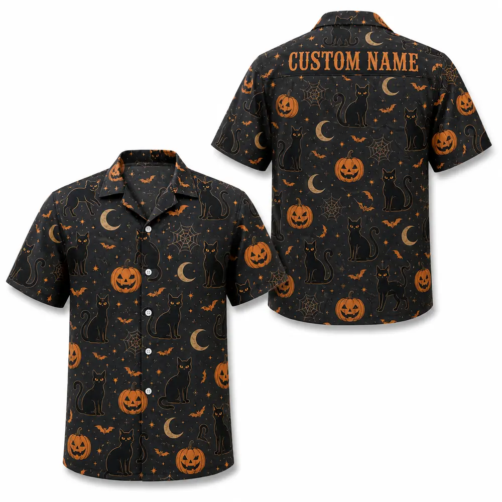Personalized Halloween Pumpkin Hawaiian Shirt, Spooky Jack-O-Lantern Aloha Shirt, Custom Name Festival Party Shirt For Men And Women - Style 8