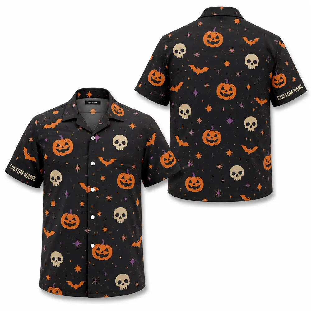 Personalized Halloween Pumpkin Hawaiian Shirt, Spooky Jack-O-Lantern Aloha Shirt, Custom Name Festival Party Shirt For Men And Women - Style 9