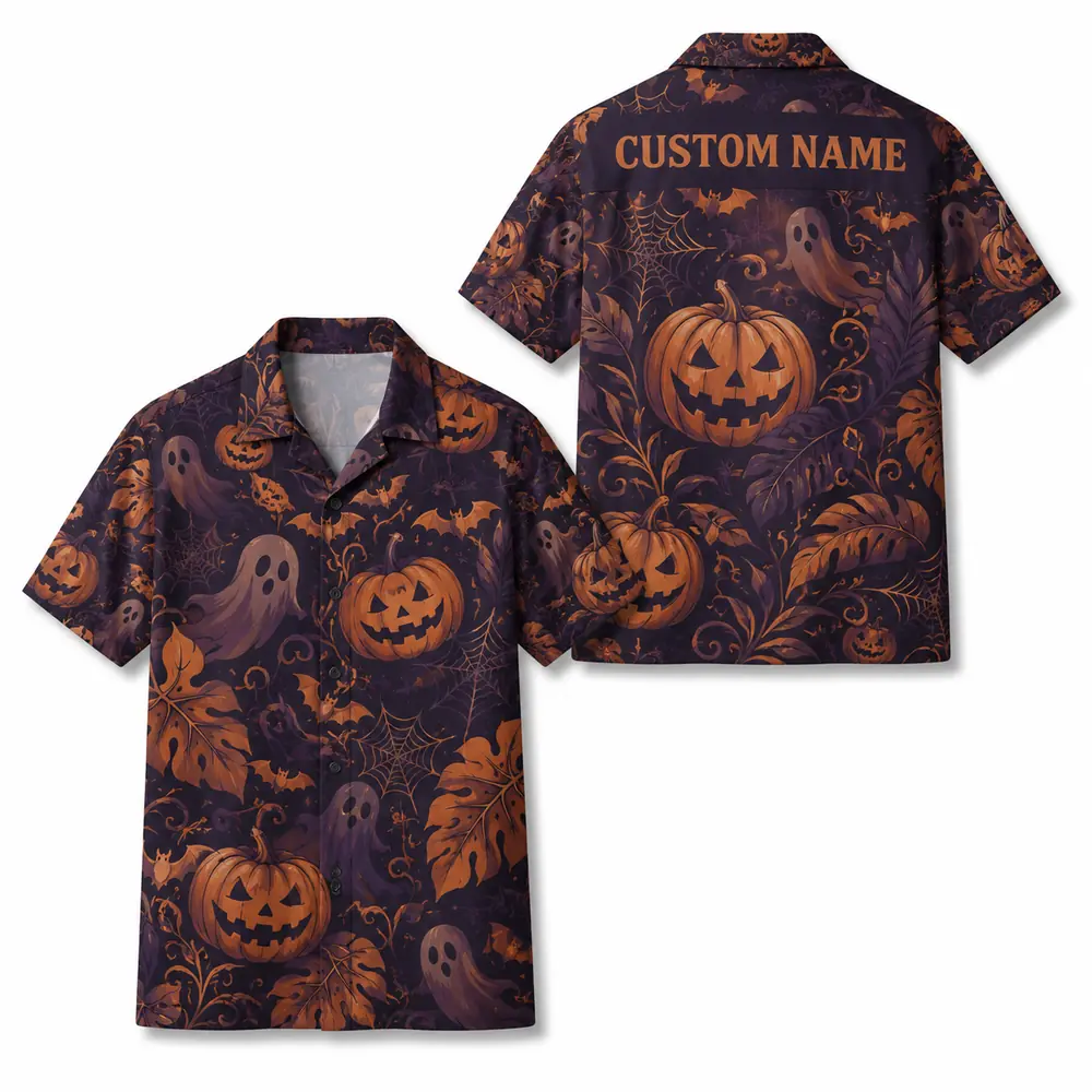 Personalized Halloween Pumpkin Hawaiian Shirt, Spooky Tropical Aloha Shirt, Custom Name Festival Party Shirt For Men And Women - Style 10