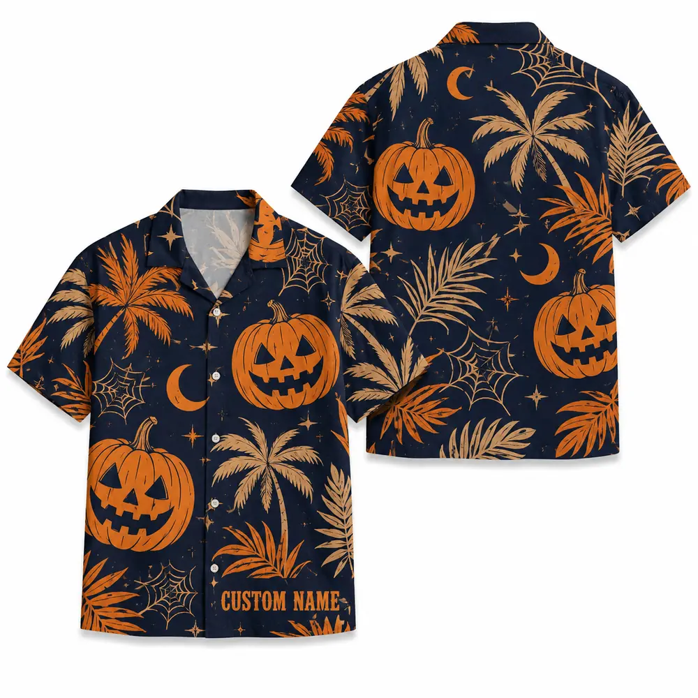 Personalized Halloween Pumpkin Hawaiian Shirt, Spooky Tropical Aloha Shirt, Custom Name Festival Party Shirt For Men And Women - Style 2