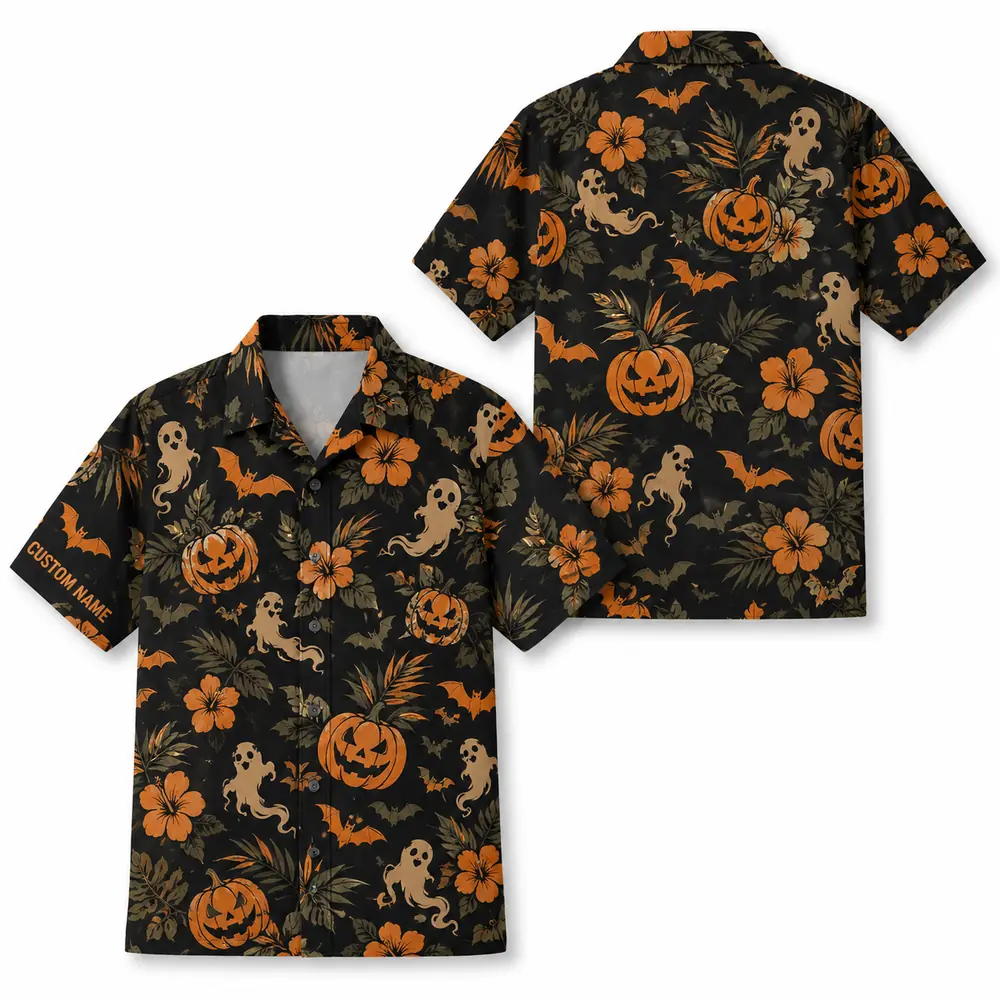 Personalized Halloween Pumpkin Hawaiian Shirt, Spooky Tropical Aloha Shirt, Custom Name Festival Party Shirt For Men And Women - Style 3