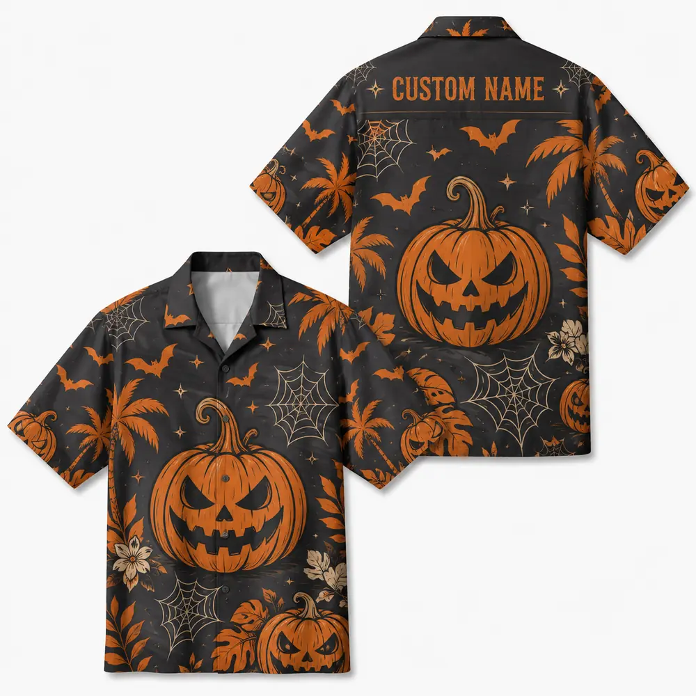 Personalized Halloween Pumpkin Hawaiian Shirt, Spooky Tropical Aloha Shirt, Custom Name Festival Party Shirt For Men And Women - Style 4