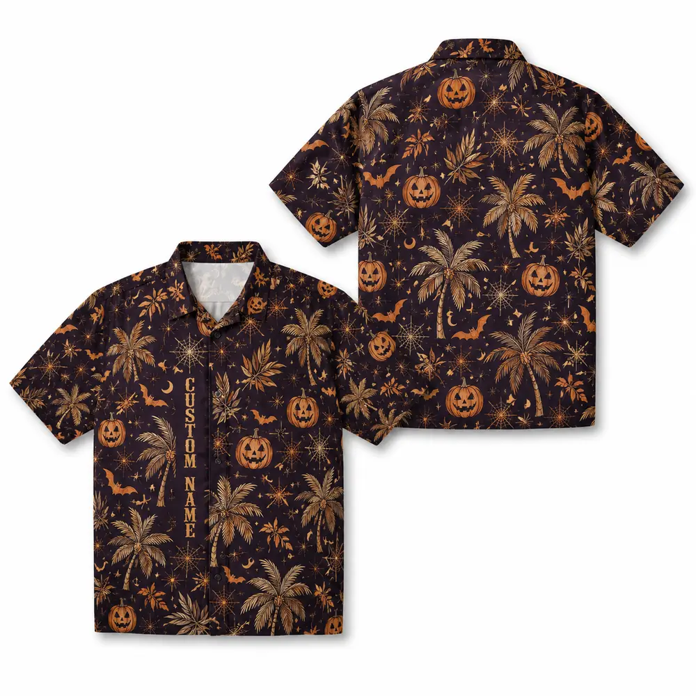 Personalized Halloween Pumpkin Hawaiian Shirt, Spooky Tropical Aloha Shirt, Custom Name Festival Party Shirt For Men And Women - Style 6