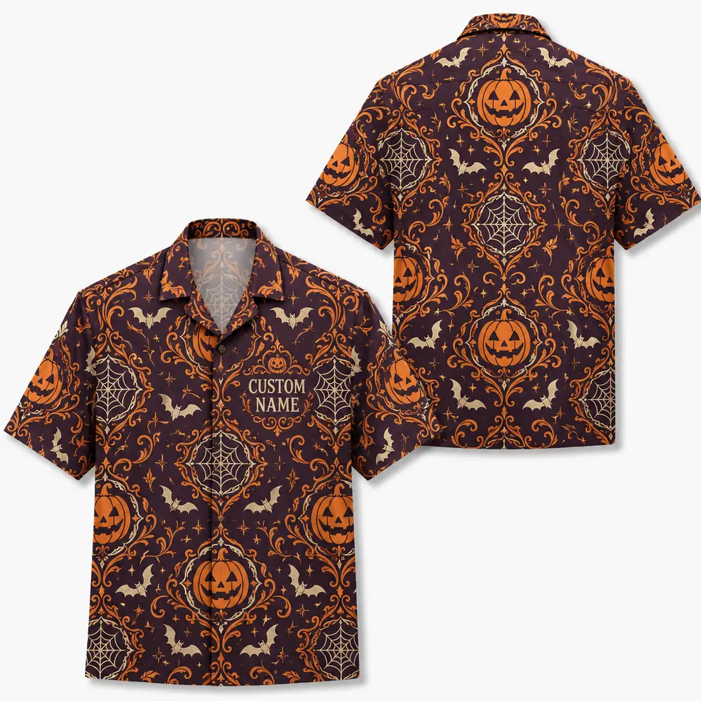 Personalized Halloween Pumpkin Hawaiian Shirt, Spooky Tropical Aloha Shirt, Custom Name Festival Party Shirt For Men And Women - Style 7