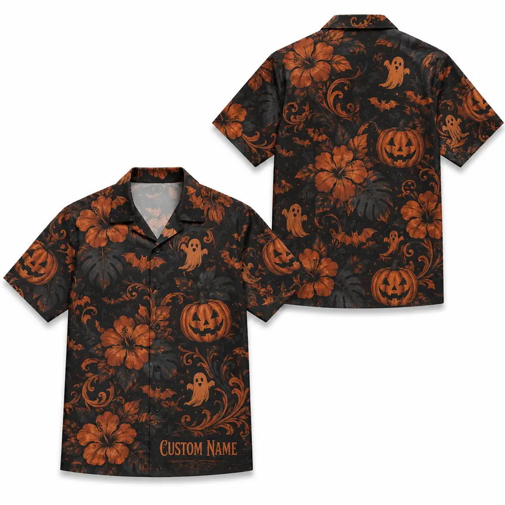 Personalized Halloween Pumpkin Hawaiian Shirt, Spooky Tropical Aloha Shirt, Custom Name Festival Party Shirt For Men And Women - Style 8