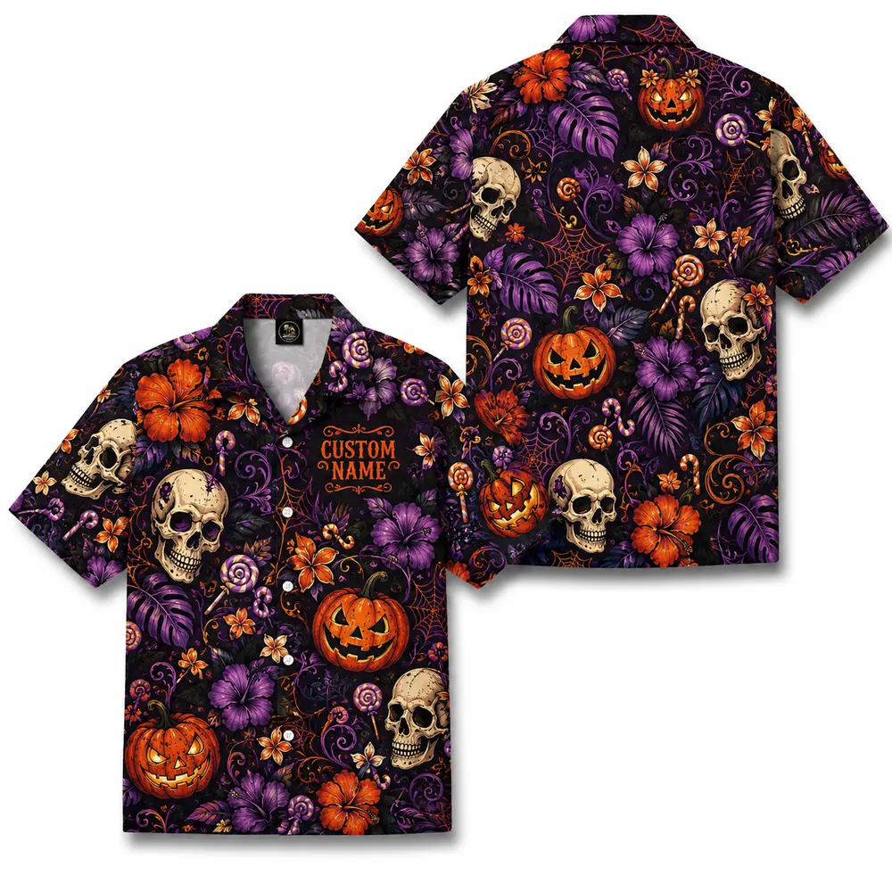 Personalized Halloween Skull Hawaiian Shirt, Spooky Floral Tropical Aloha Shirt, Custom Name Festival Party Shirt For Men And Women - Style 1