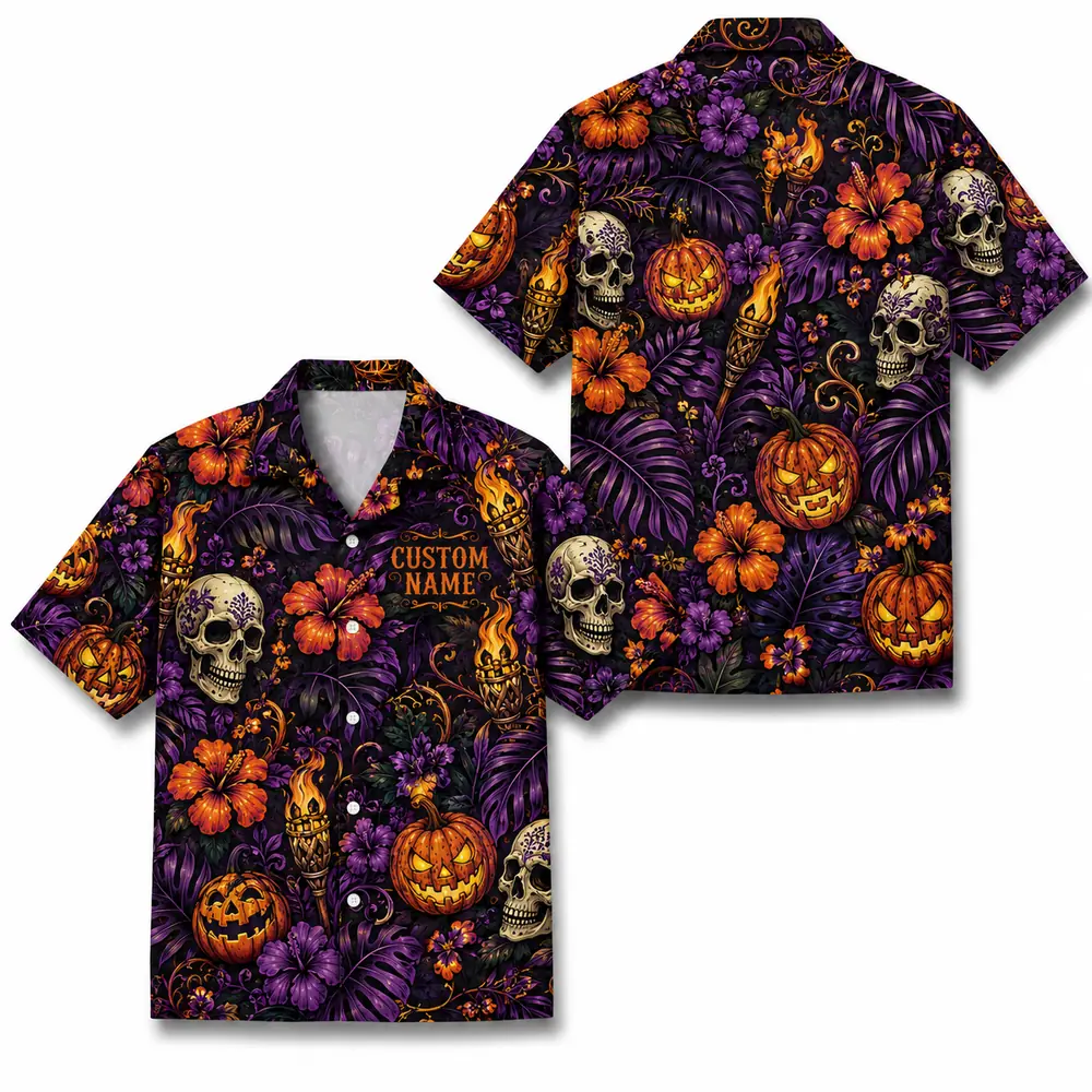 Personalized Halloween Skull Hawaiian Shirt, Spooky Floral Tropical Aloha Shirt, Custom Name Festival Party Shirt For Men And Women - Style 10