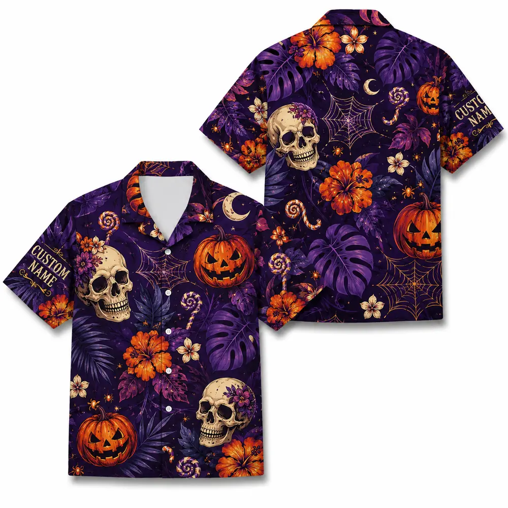 Personalized Halloween Skull Hawaiian Shirt, Spooky Floral Tropical Aloha Shirt, Custom Name Festival Party Shirt For Men And Women - Style 2