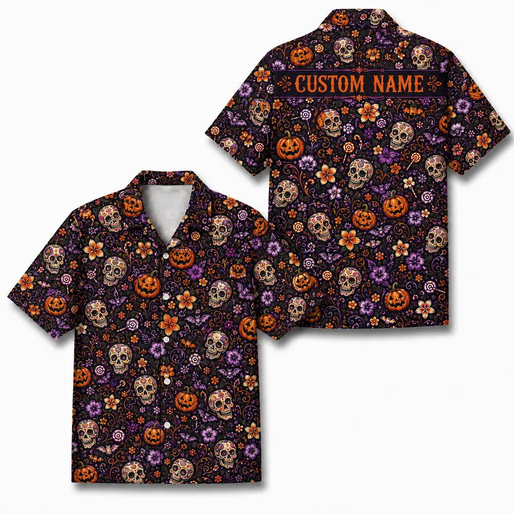Personalized Halloween Skull Hawaiian Shirt, Spooky Floral Tropical Aloha Shirt, Custom Name Festival Party Shirt For Men And Women - Style 3