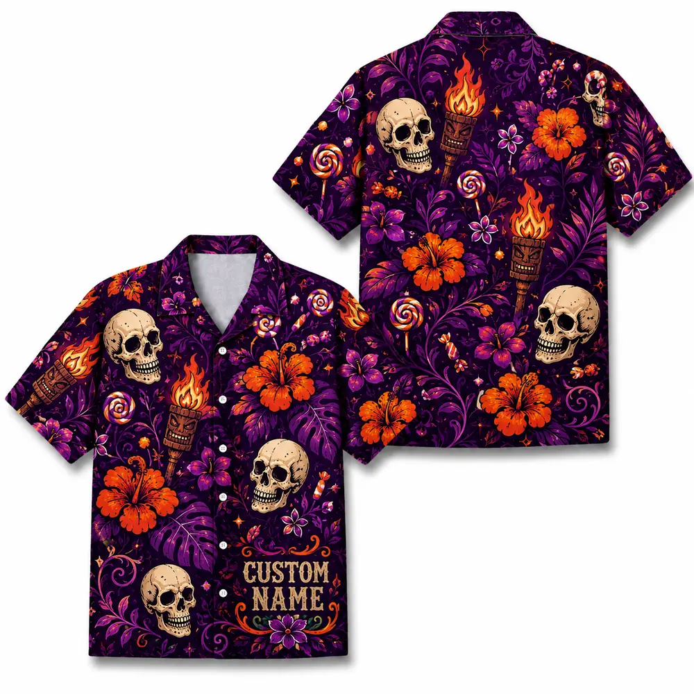 Personalized Halloween Skull Hawaiian Shirt, Spooky Floral Tropical Aloha Shirt, Custom Name Festival Party Shirt For Men And Women - Style 4