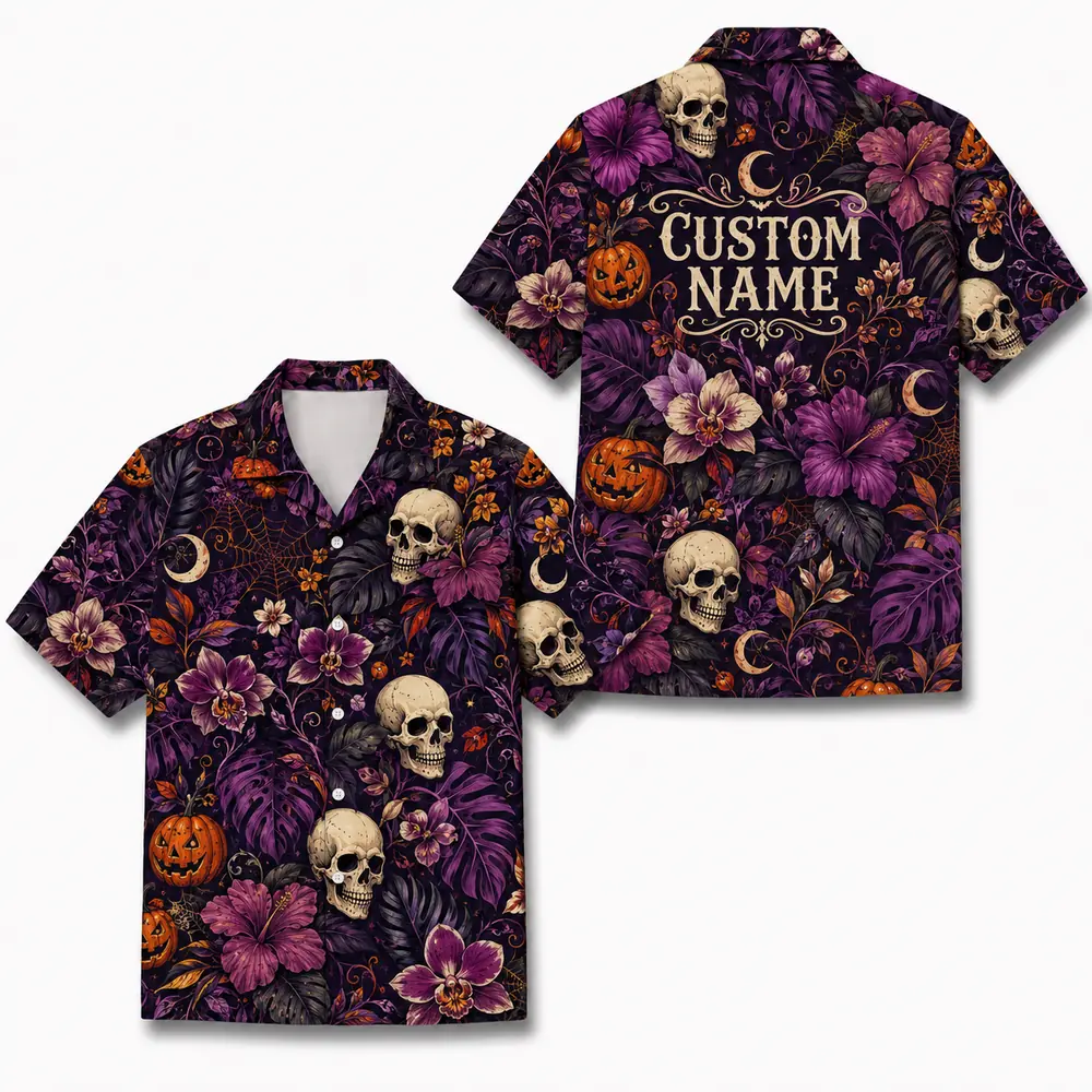 Personalized Halloween Skull Hawaiian Shirt, Spooky Floral Tropical Aloha Shirt, Custom Name Festival Party Shirt For Men And Women - Style 5