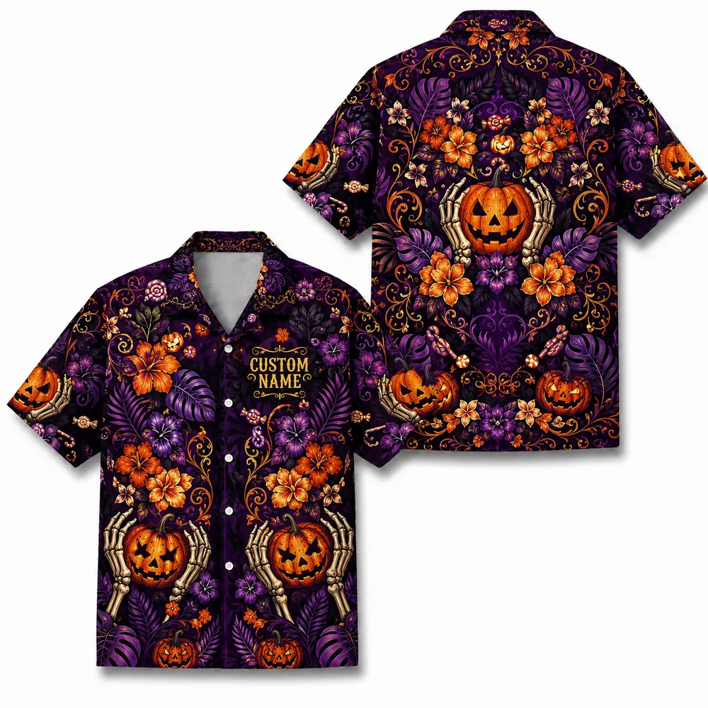 Personalized Halloween Skull Hawaiian Shirt, Spooky Floral Tropical Aloha Shirt, Custom Name Festival Party Shirt For Men And Women - Style 6