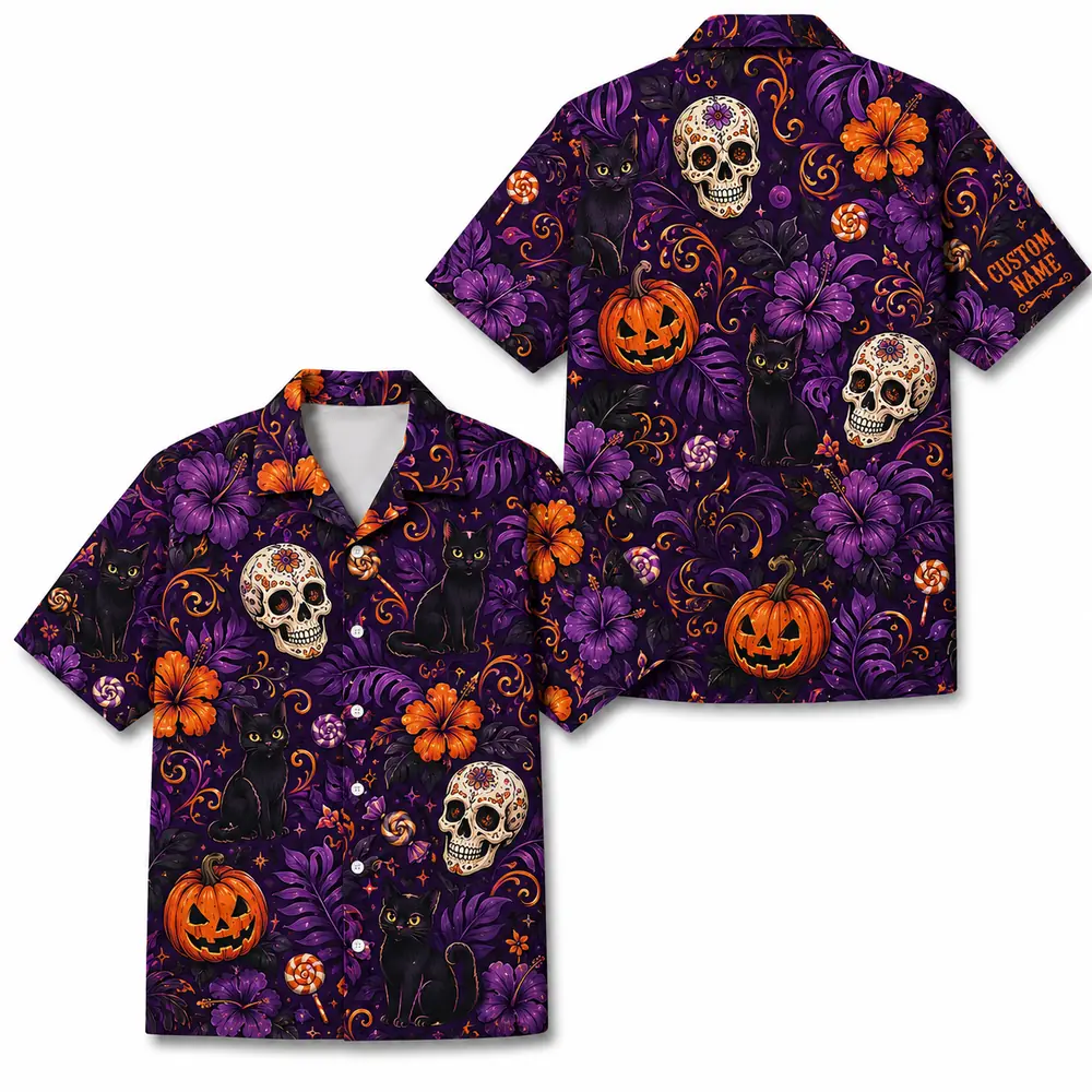 Personalized Halloween Skull Hawaiian Shirt, Spooky Floral Tropical Aloha Shirt, Custom Name Festival Party Shirt For Men And Women - Style 7