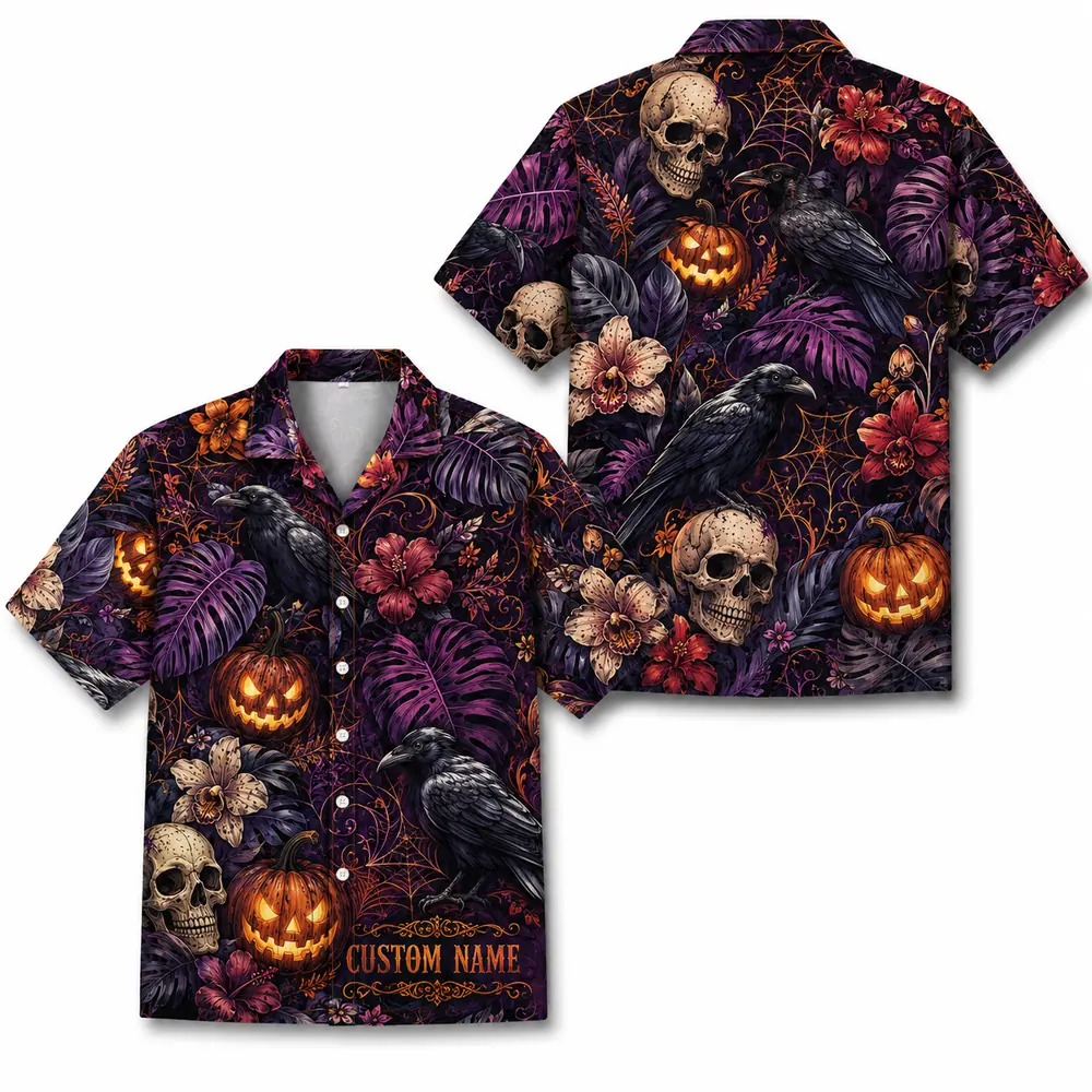 Personalized Halloween Skull Hawaiian Shirt, Spooky Floral Tropical Aloha Shirt, Custom Name Festival Party Shirt For Men And Women - Style 8