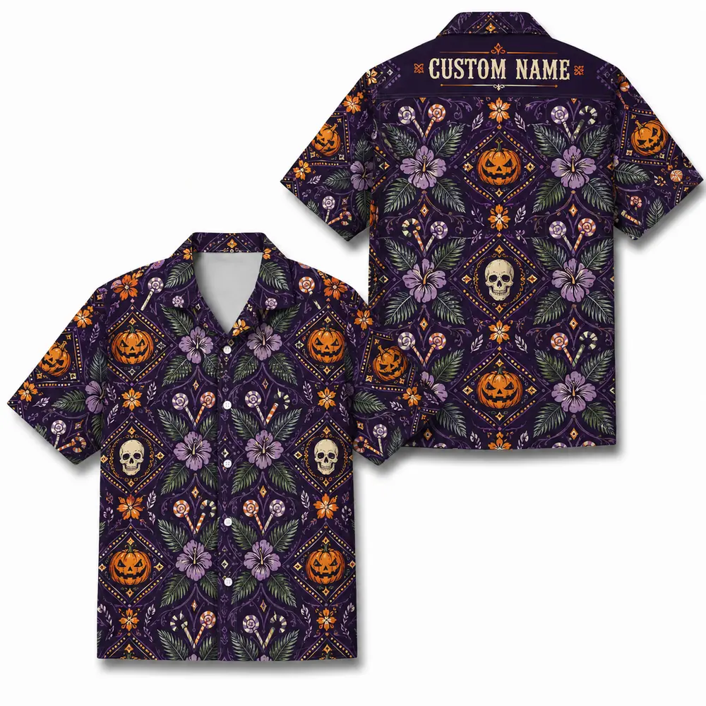 Personalized Halloween Skull Hawaiian Shirt, Spooky Floral Tropical Aloha Shirt, Custom Name Festival Party Shirt For Men And Women - Style 9