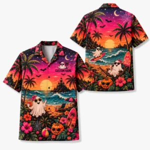 Personalized Halloween Sunset Hawaiian Shirt, Tropical Beach Spooky Aloha Shirt, Custom Name Festival Party Shirt For Men And Women - Style 1