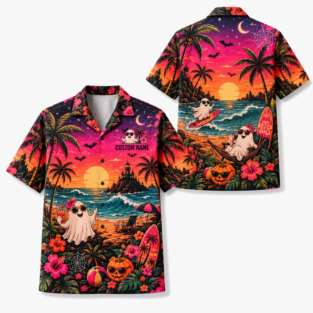 Personalized Halloween Sunset Hawaiian Shirt, Tropical Beach Spooky Aloha Shirt, Custom Name Festival Party Shirt For Men And Women - Style 1
