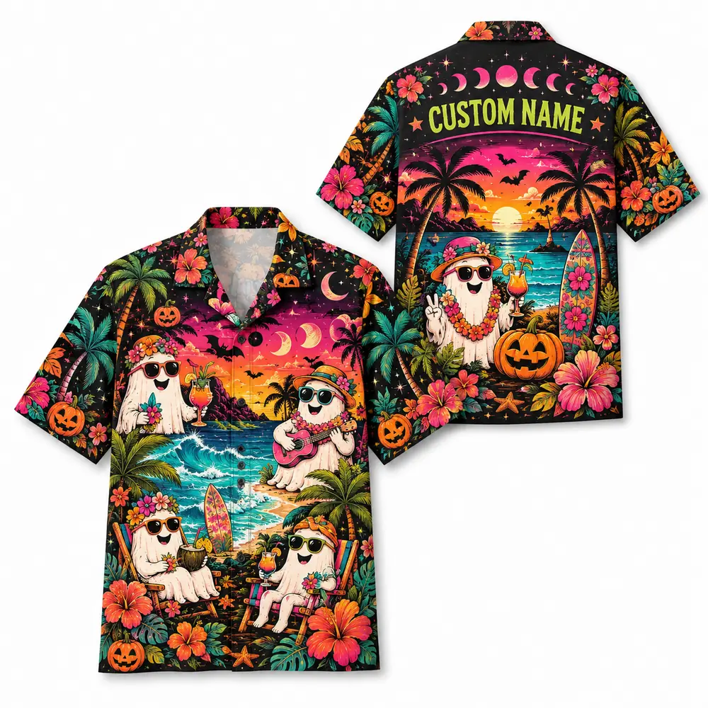 Personalized Halloween Sunset Hawaiian Shirt, Tropical Beach Spooky Aloha Shirt, Custom Name Festival Party Shirt For Men And Women - Style 10