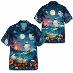 Personalized Halloween Sunset Hawaiian Shirt, Tropical Beach Spooky Aloha Shirt, Custom Name Festival Party Shirt For Men And Women - Style 2