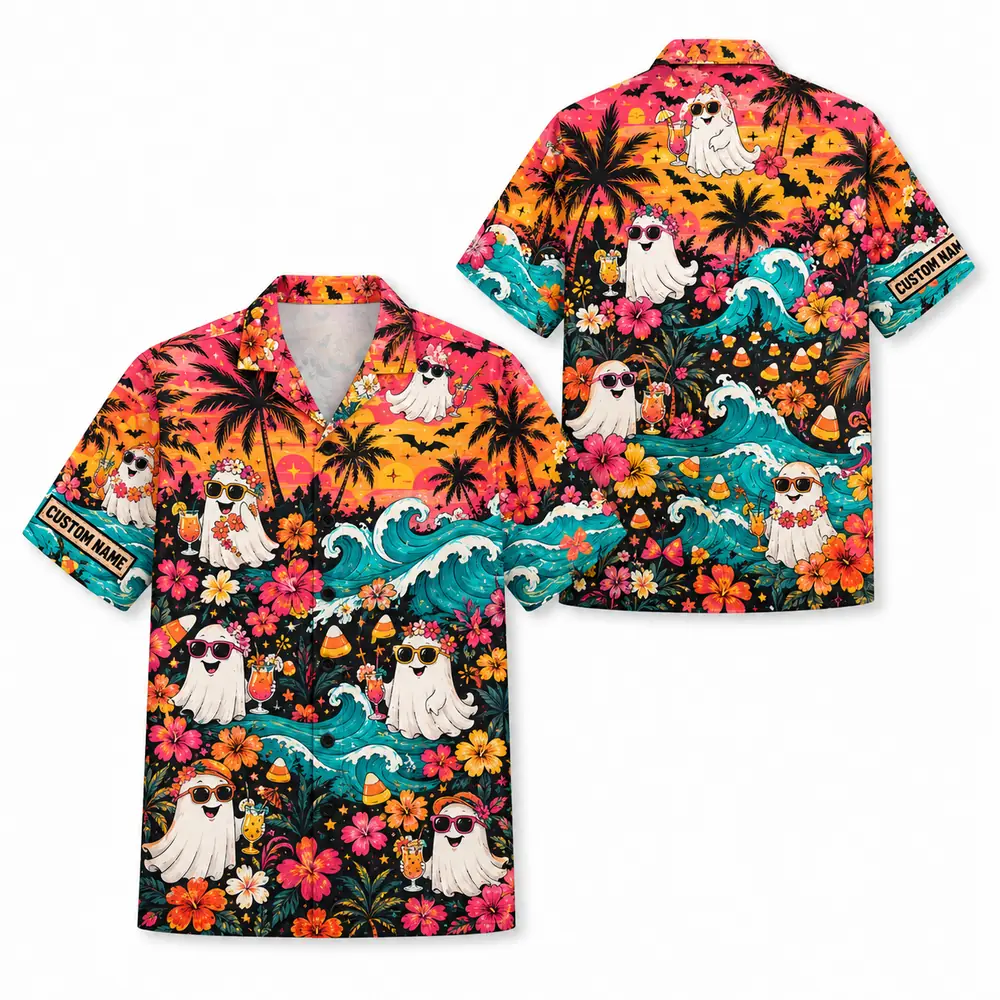 Personalized Halloween Sunset Hawaiian Shirt, Tropical Beach Spooky Aloha Shirt, Custom Name Festival Party Shirt For Men And Women - Style 3
