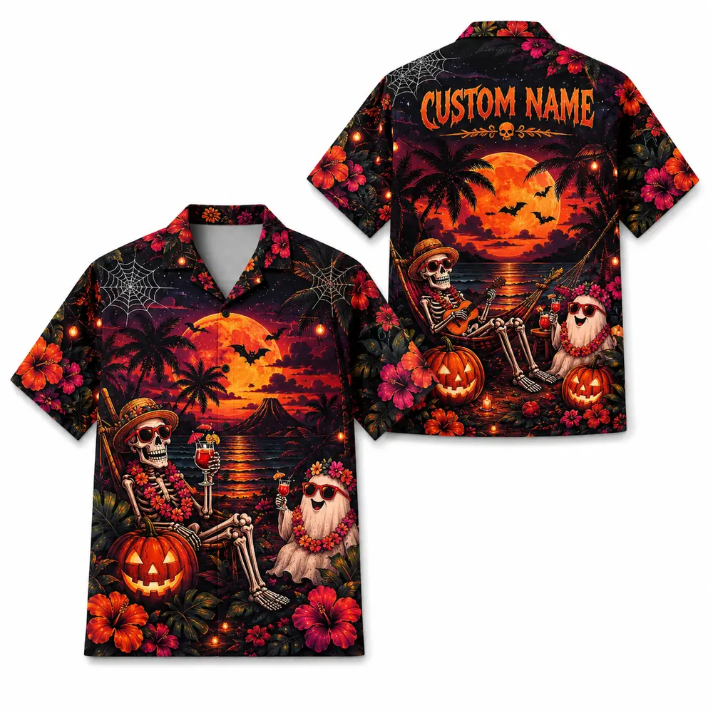 Personalized Halloween Sunset Hawaiian Shirt, Tropical Beach Spooky Aloha Shirt, Custom Name Festival Party Shirt For Men And Women - Style 4
