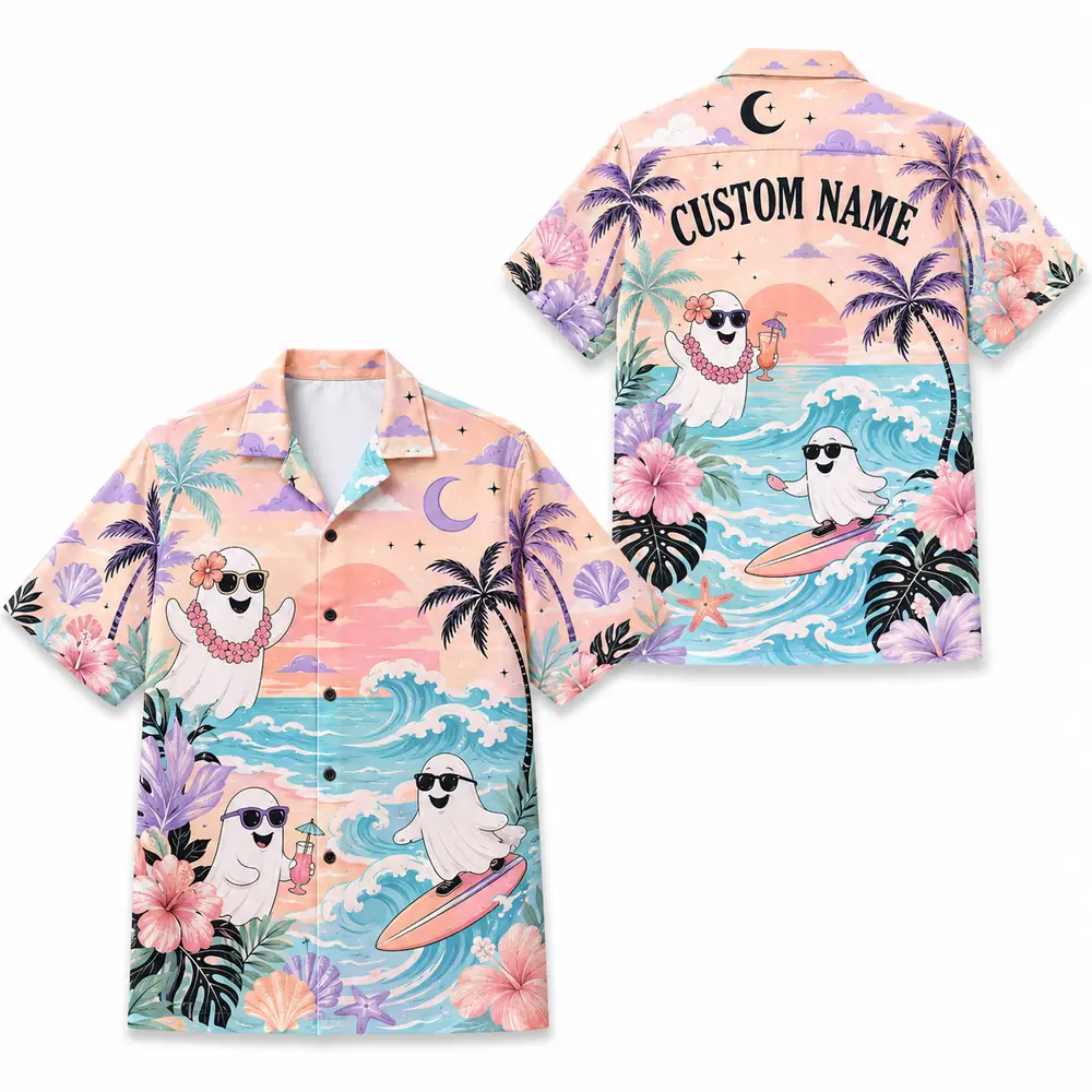 Personalized Halloween Sunset Hawaiian Shirt, Tropical Beach Spooky Aloha Shirt, Custom Name Festival Party Shirt For Men And Women - Style 5